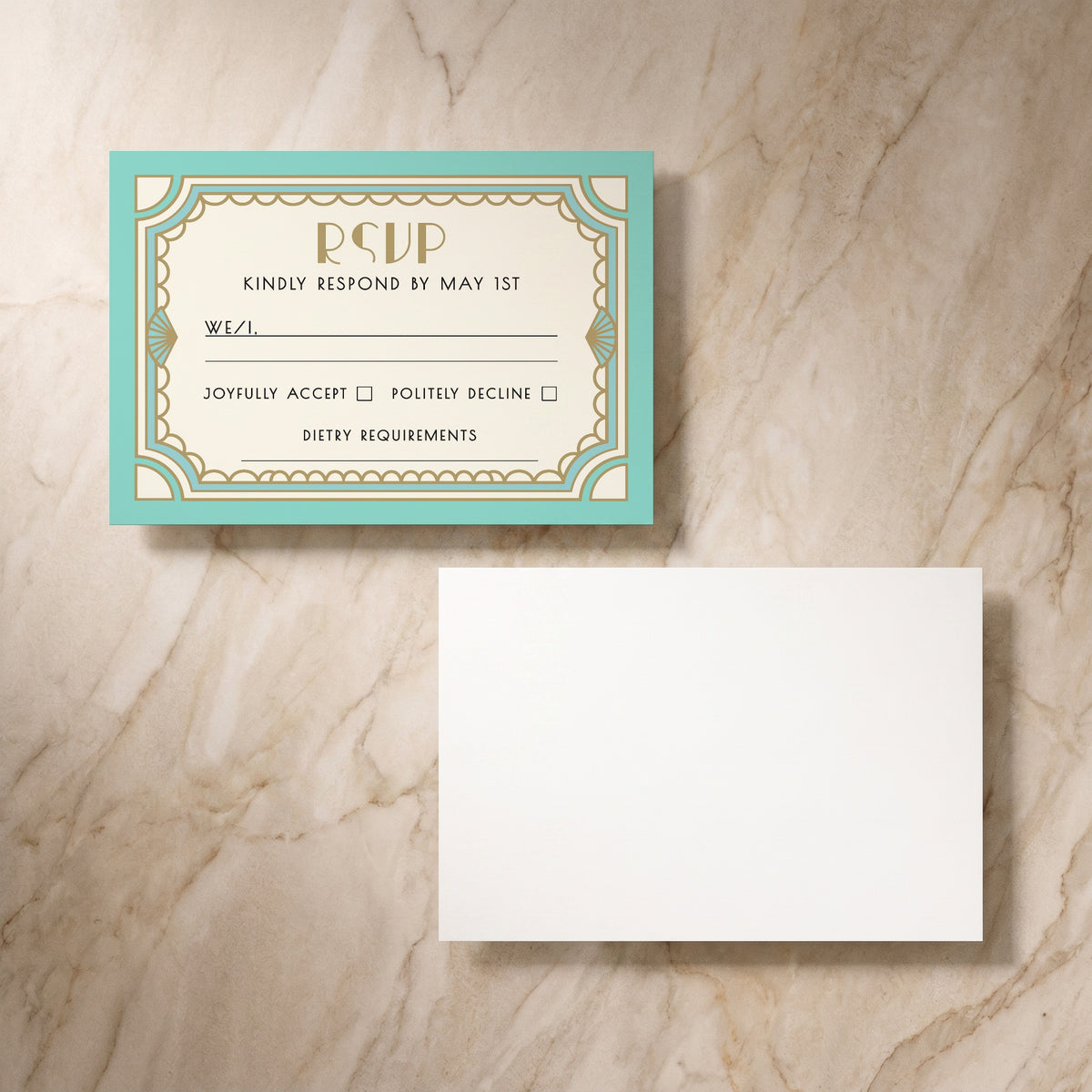 Art Deco RSVP card, front and reverse, designed and printed in Suffolk