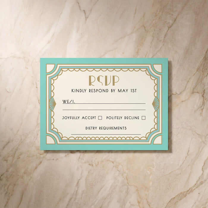 Art Deco RSVP card, front design, designed and printed in Suffolk