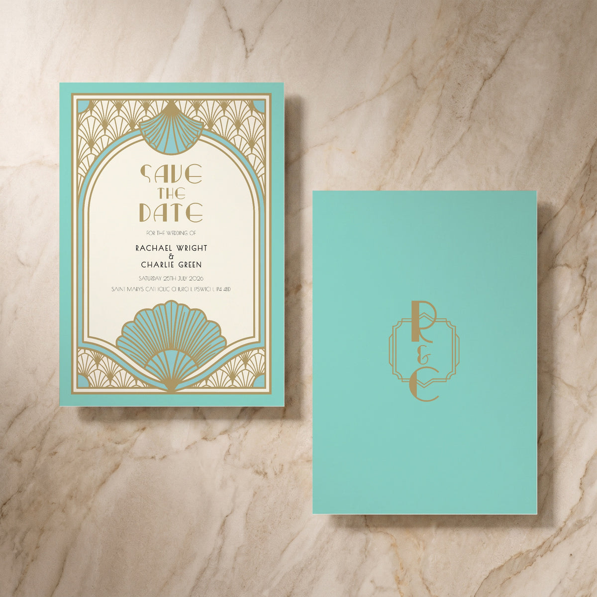 Art Deco wedding save the date card, front and reverse, designed and printed in Suffolk