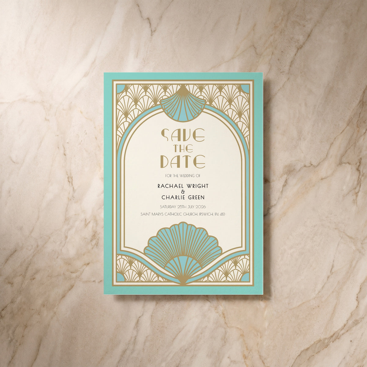 Art Deco wedding save the date card, front design, designed and printed in Suffolk