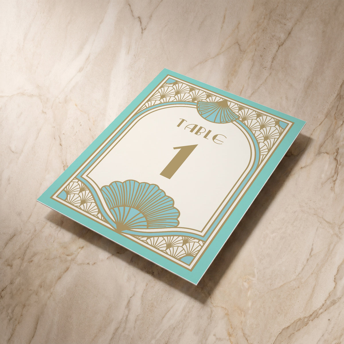 Art Deco wedding table number, shown at an angle, designed and printed in Suffolk