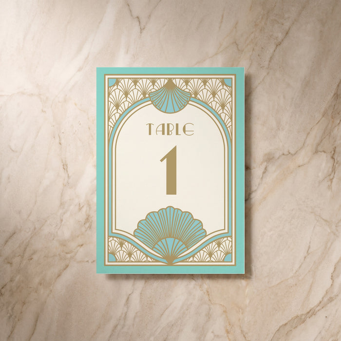 Art Deco wedding table number, front design, designed and printed in Suffolk