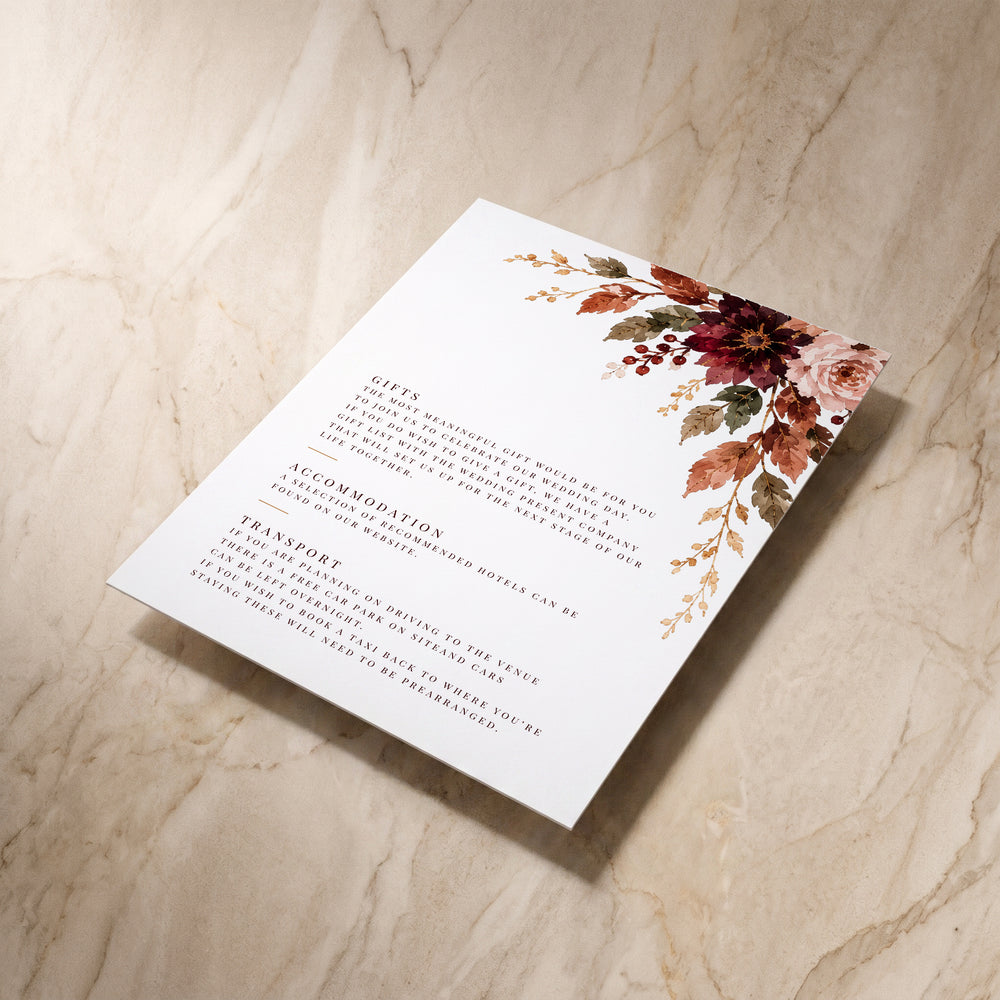 Autumn Fall details card, angled back view