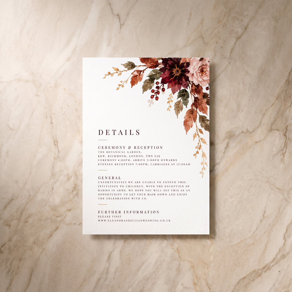 Autumn Fall details card, single front view