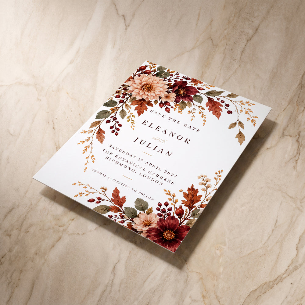 Autumn Fall save the date, angled front view