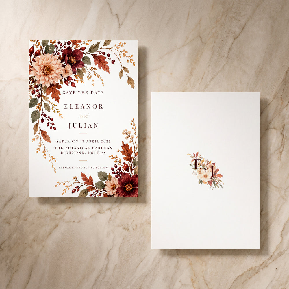 Autumn Fall save the date, front and back pair