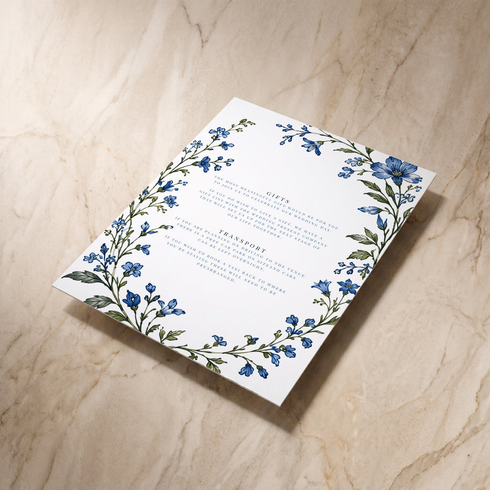 Blue Floral details card, angled back view