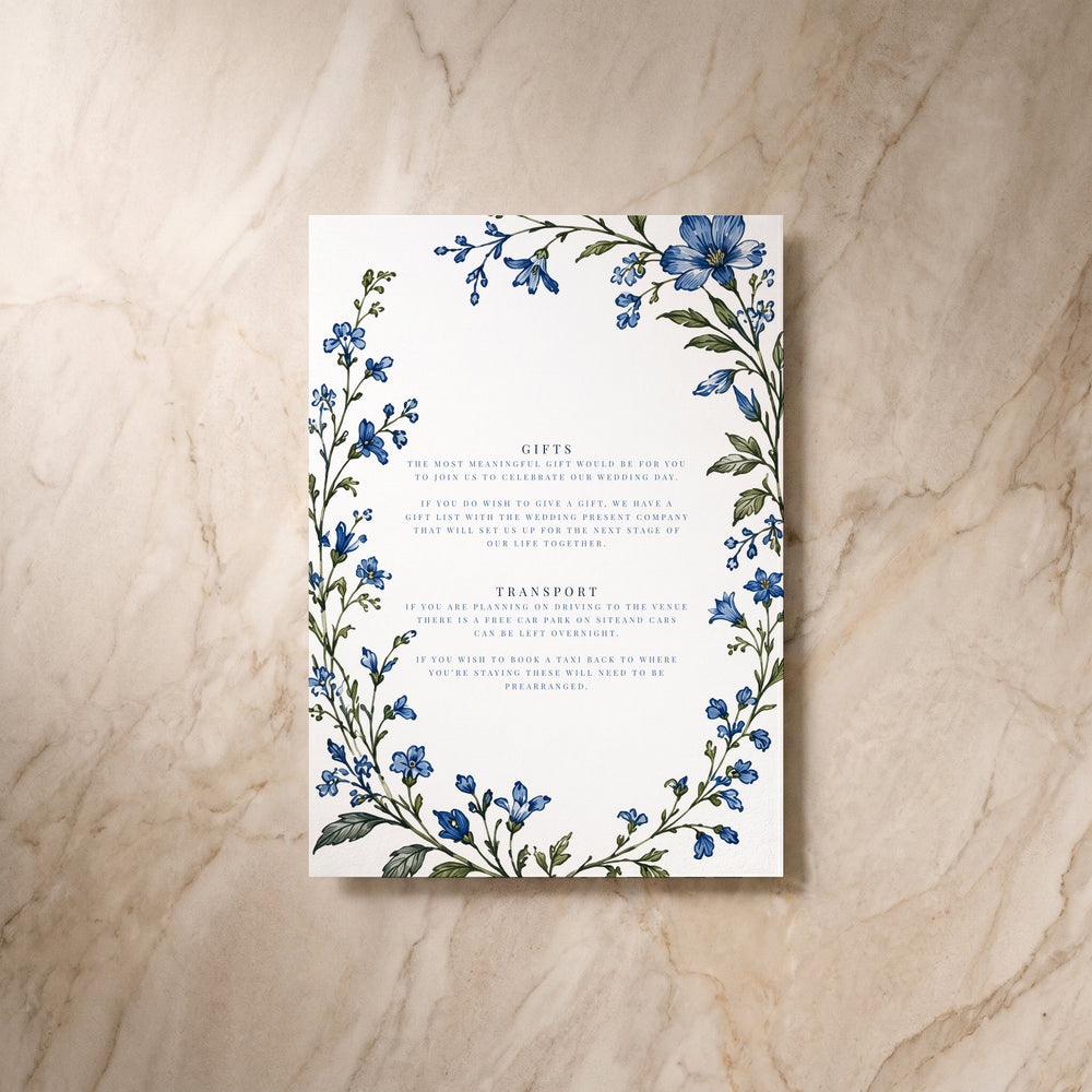 Blue Floral details card, single back view