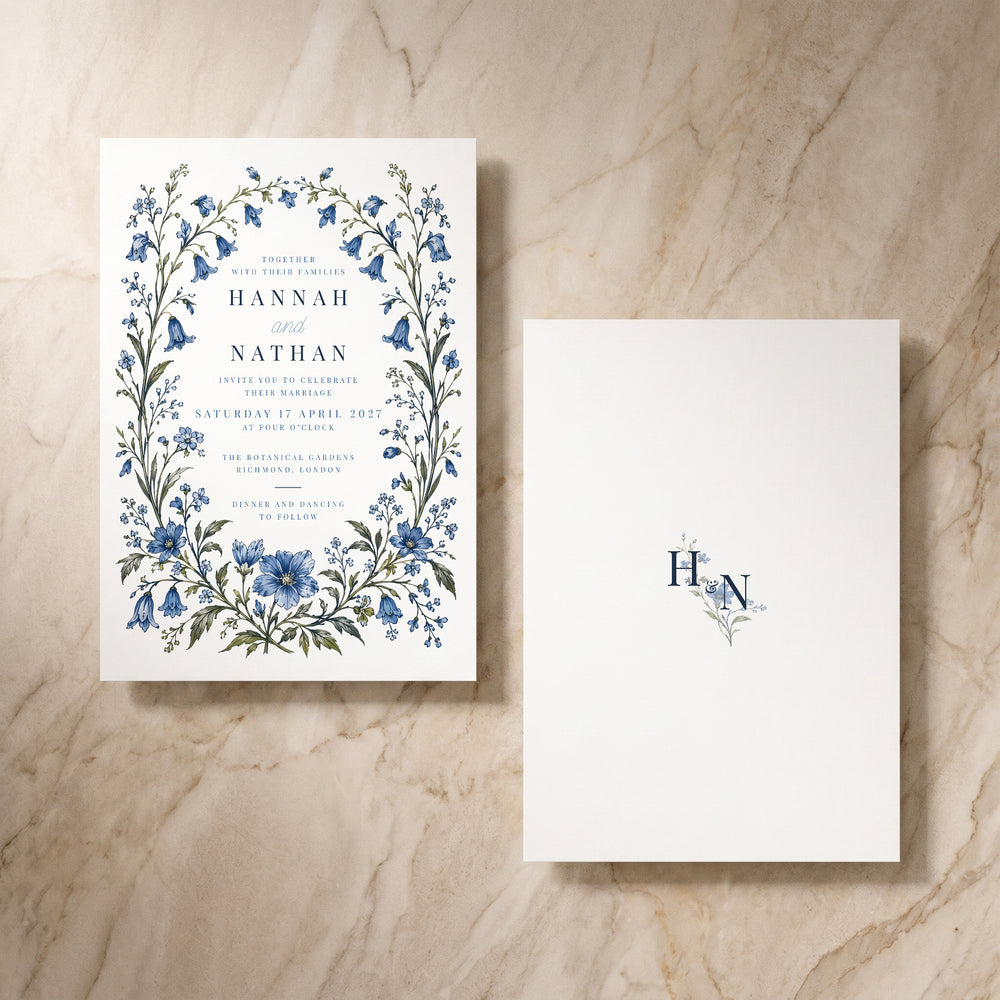 Blue Floral invitation, pair of cards