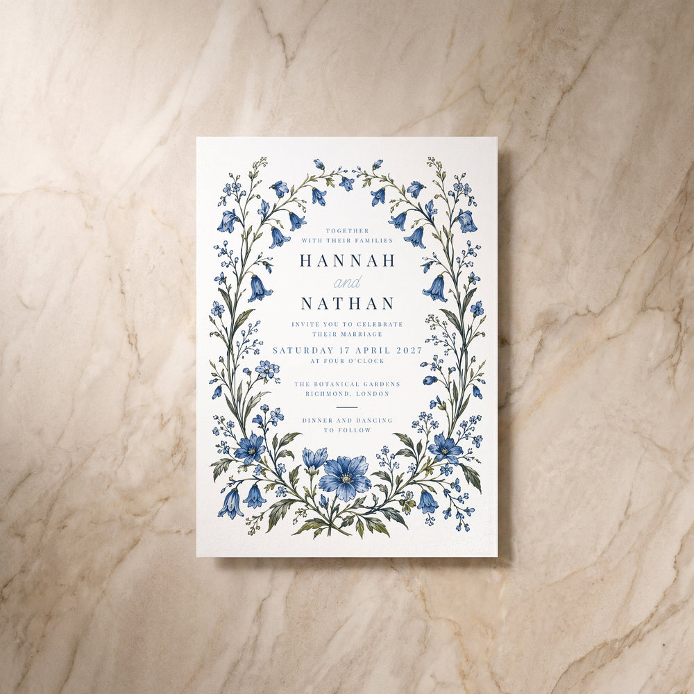 Blue Floral invitation, single front view