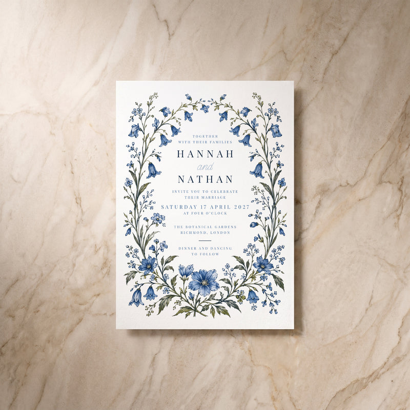 Blue Floral invitation, single front view