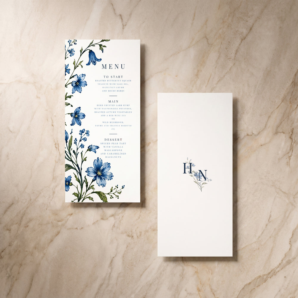 Blue Floral menu, pair of cards