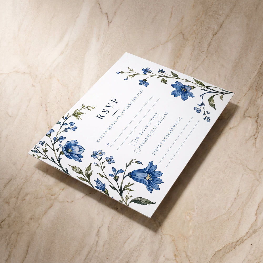 Blue Floral RSVP card, angled front view