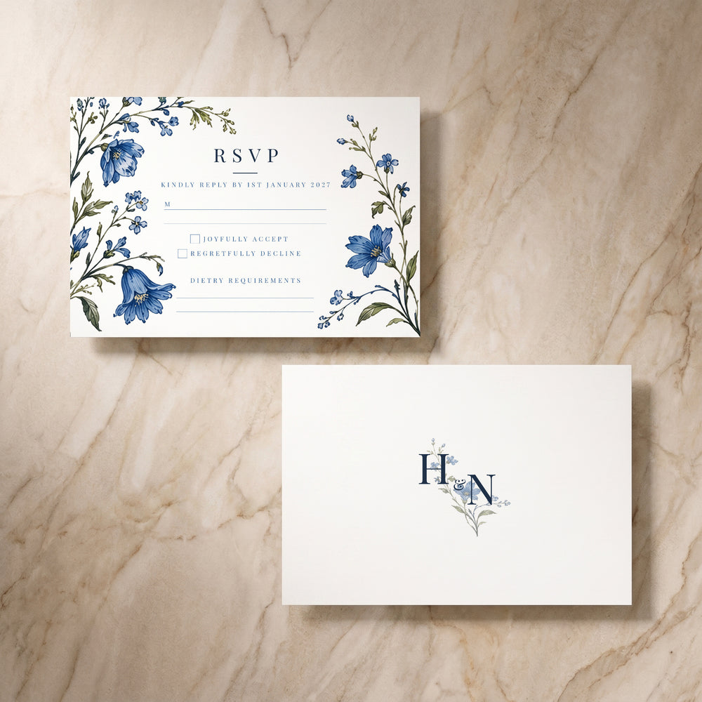 Blue Floral RSVP card, pair of cards