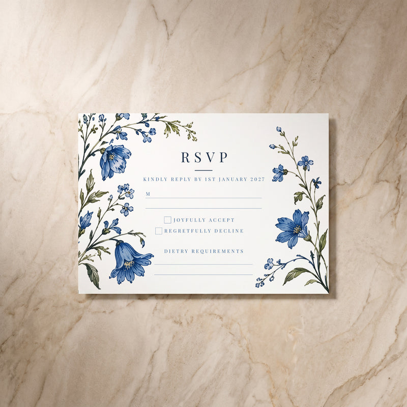 Blue Floral RSVP card, single front view