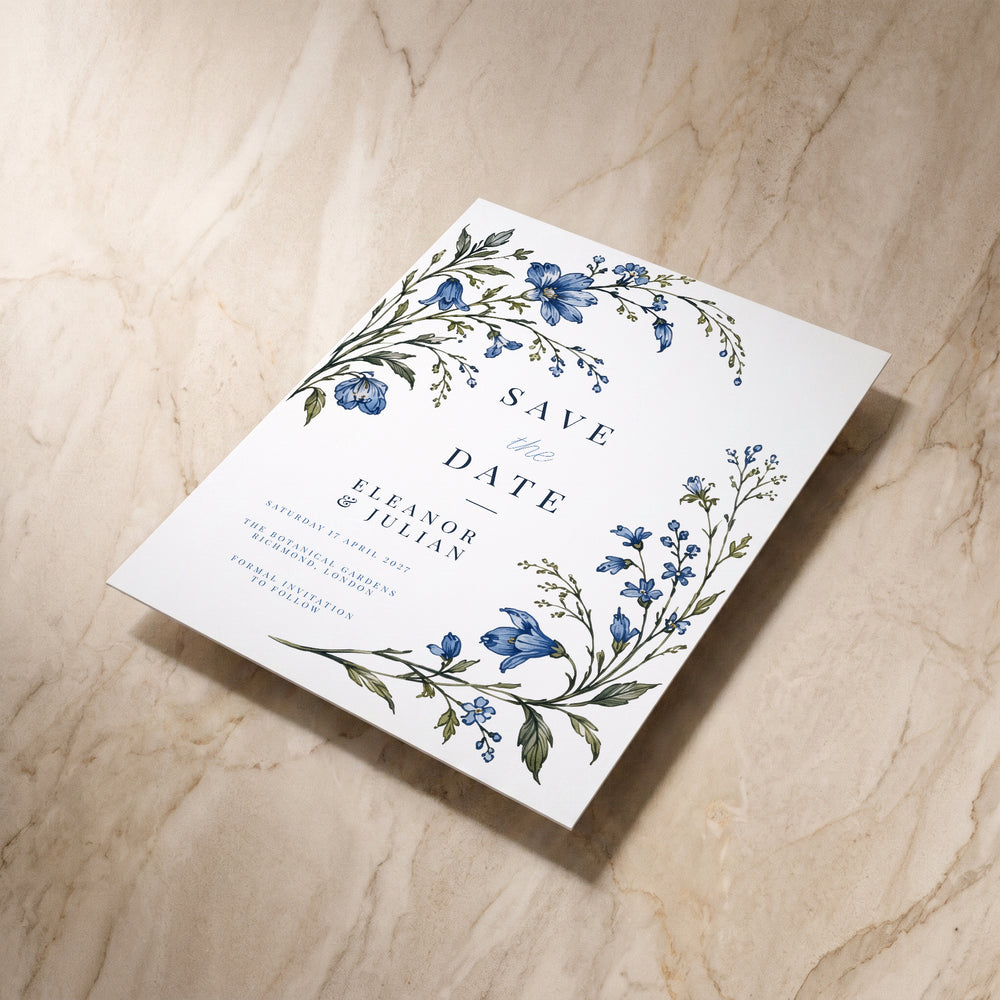 Blue Floral save the date, angled front view