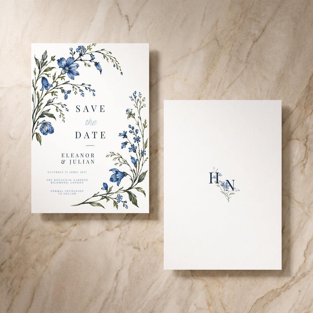 Blue Floral save the date, pair of cards