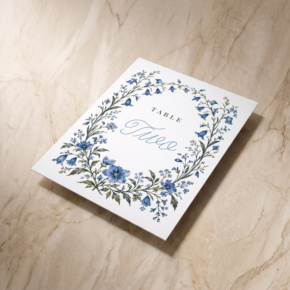 Blue Floral table number, angled back view