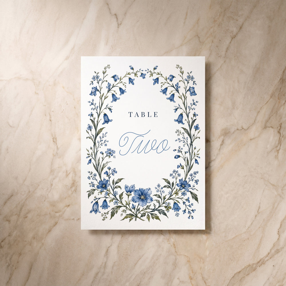 Blue Floral table number, single back view