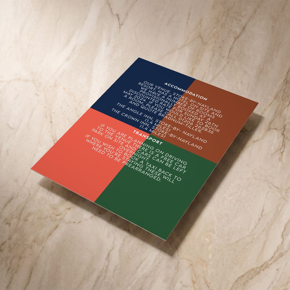 Colour Blocking wedding details card, angled back view