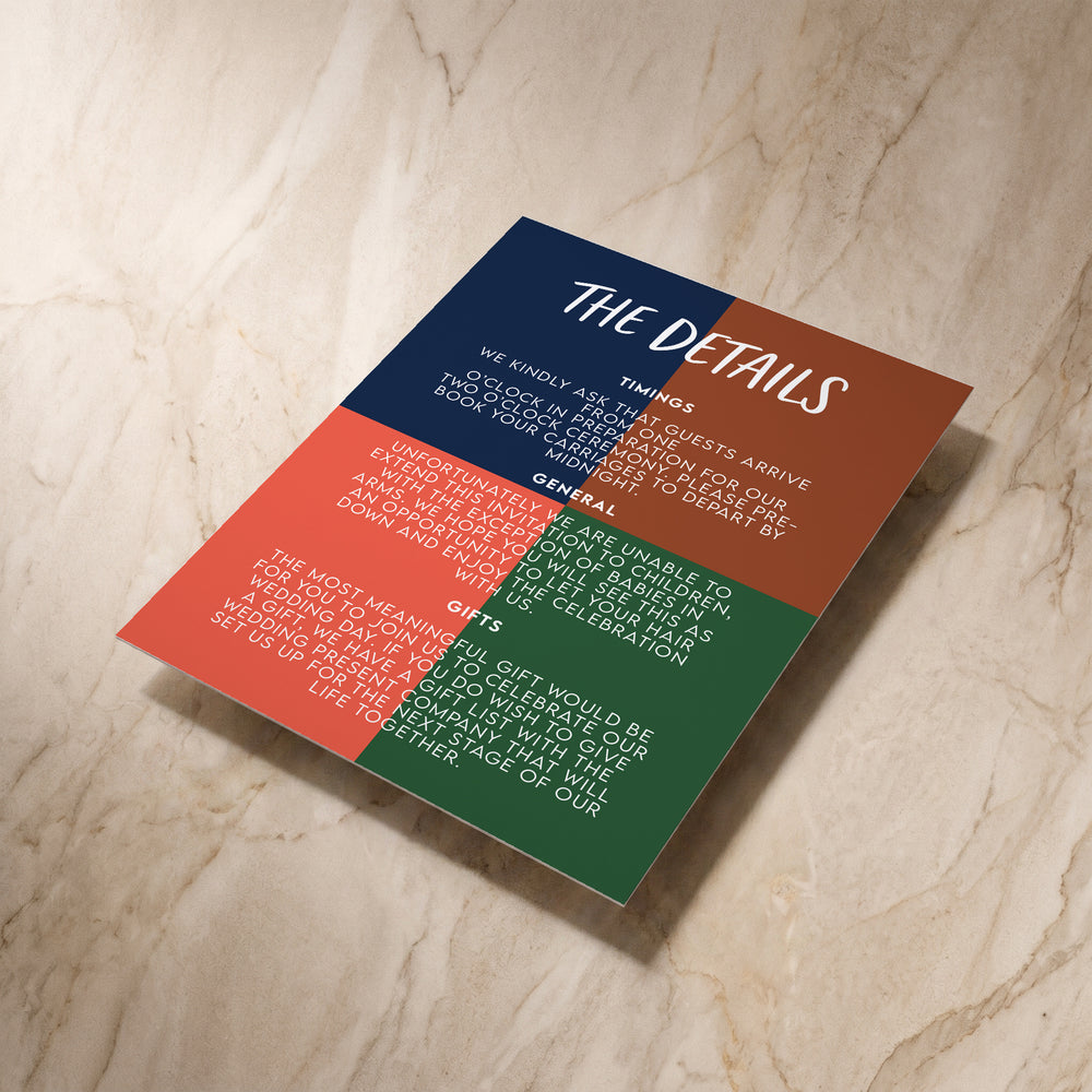 Colour Blocking wedding details card, angled front view