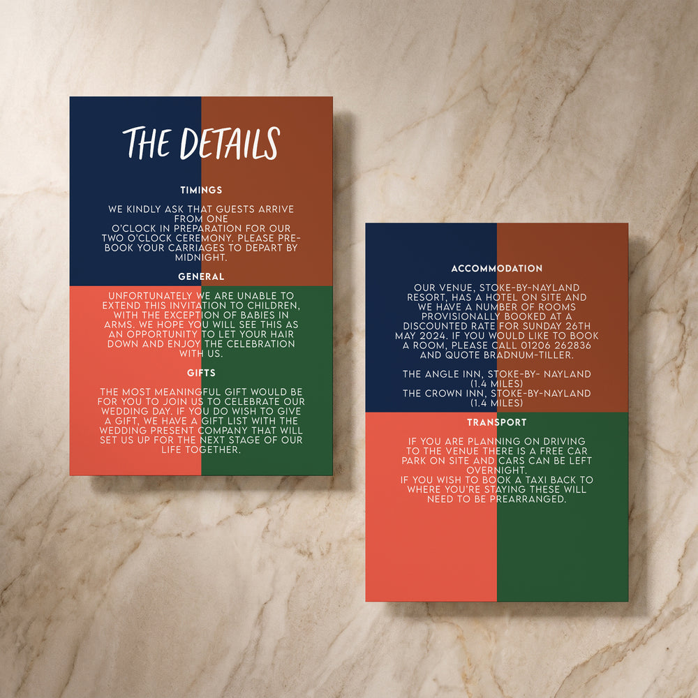 Colour Blocking wedding details card, front and back pair