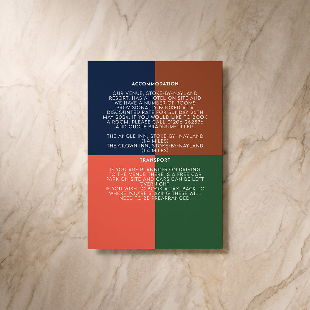 Colour Blocking wedding details card, back view