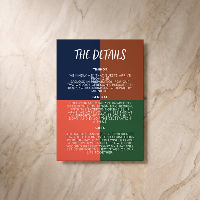 Colour Blocking wedding details card, front view