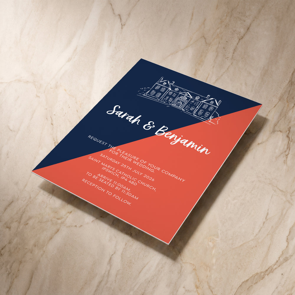 Colour Blocking wedding invitation, angled front view