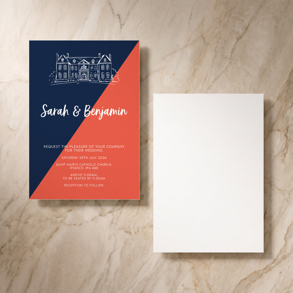 Colour Blocking wedding invitation, front and back pair