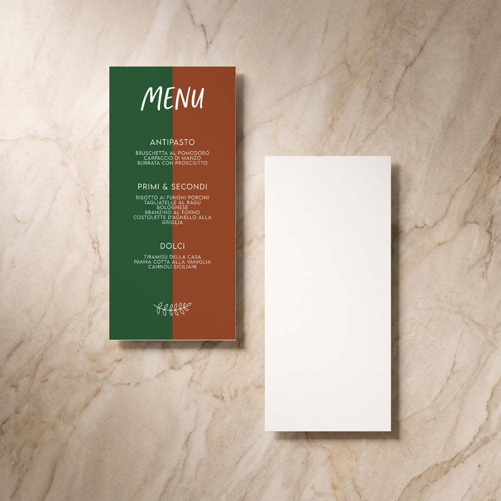 Colour Blocking wedding menu, front and back pair