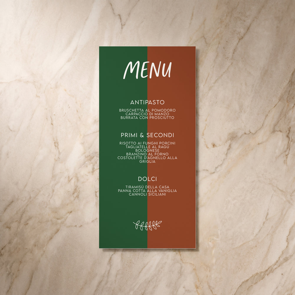 Colour Blocking wedding menu, front view