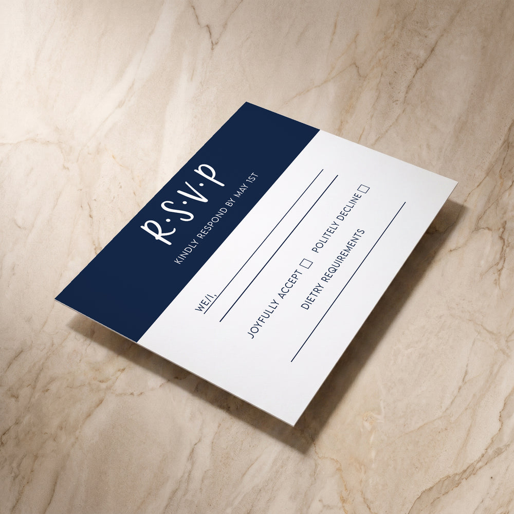 Colour Blocking wedding RSVP card, angled front view
