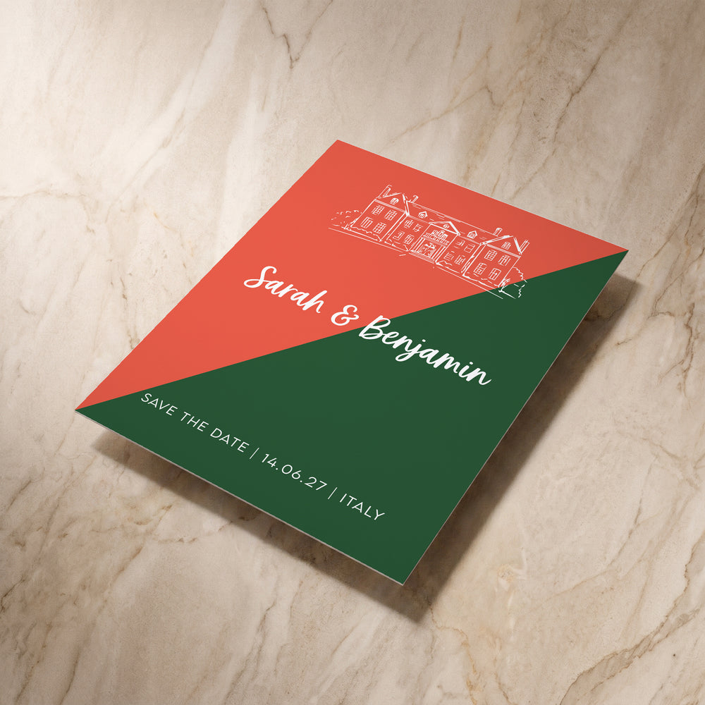 Colour Blocking save the date card, angled front view
