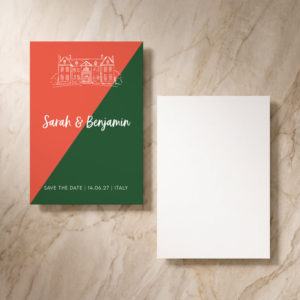 Colour Blocking save the date card, front and back pair