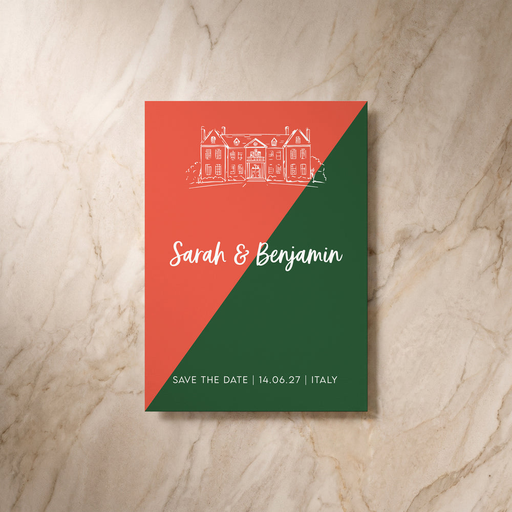 Colour Blocking save the date card, front view