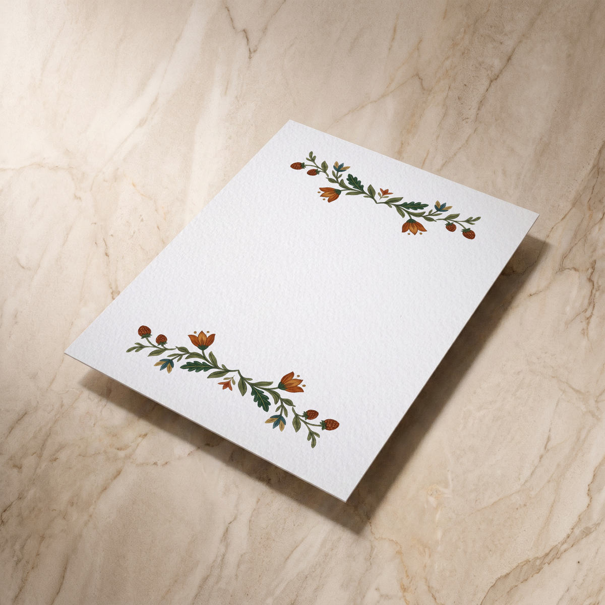 Botanical Folk wedding invitation, reverse shown at an angle, designed and printed in Suffolk