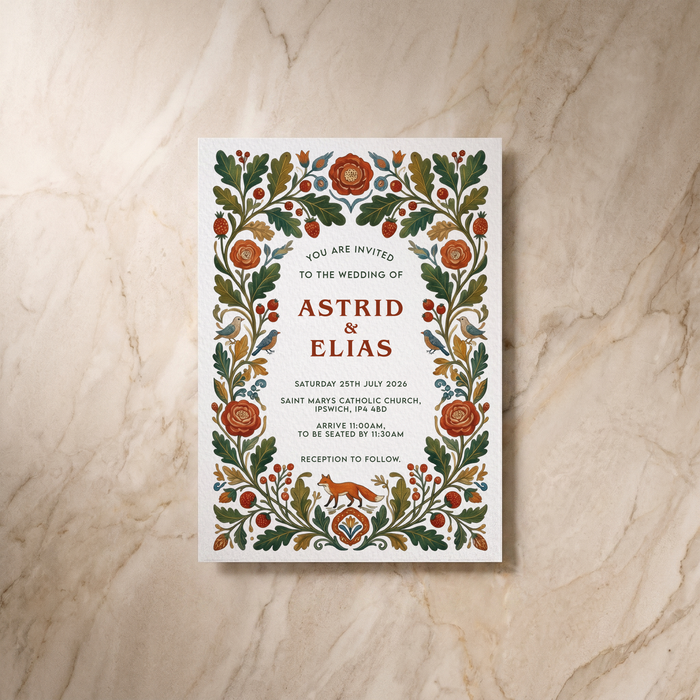 Botanical Folk wedding invitation, front design, designed and printed in Suffolk