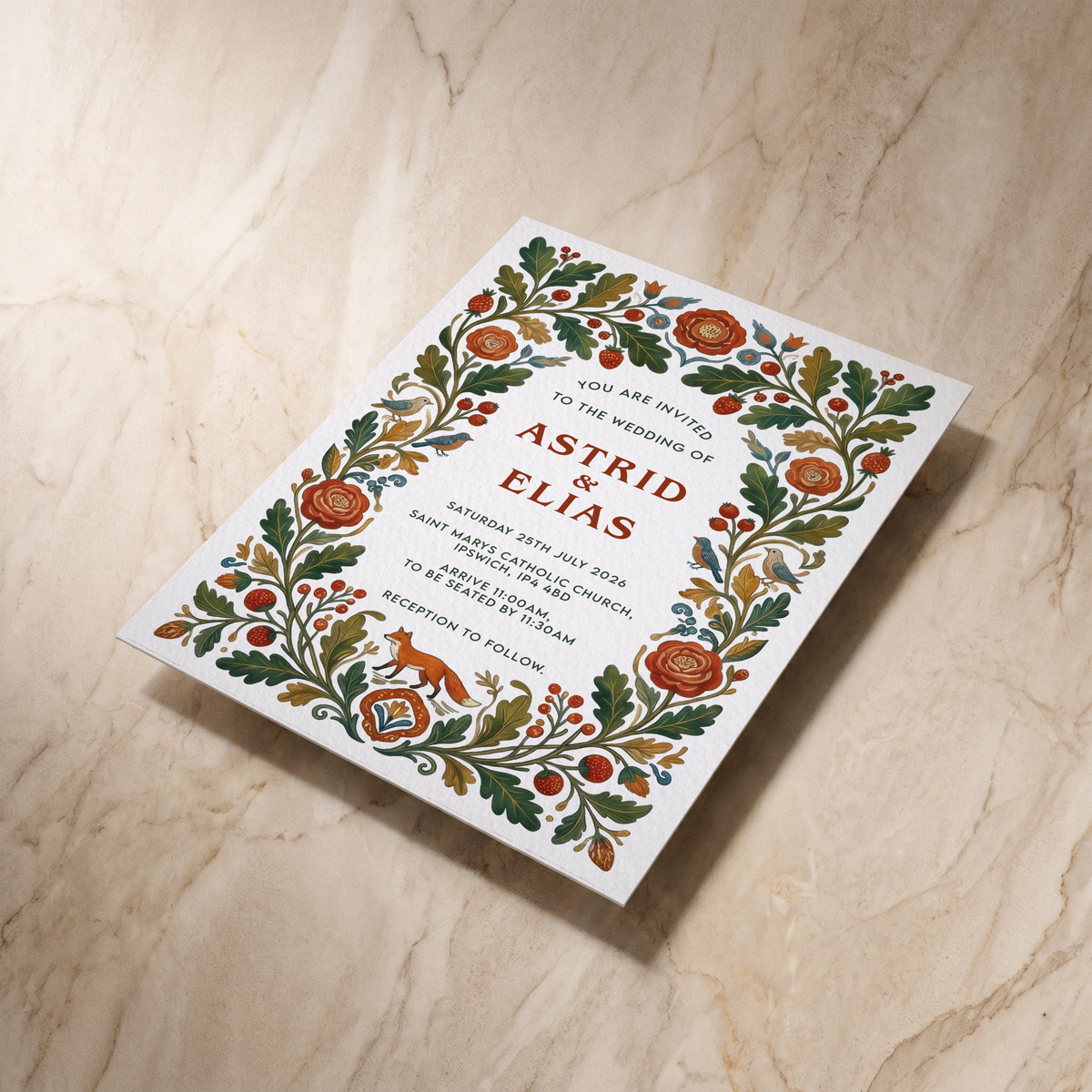 Botanical Folk wedding invitation, shown at an angle, designed and printed in Suffolk