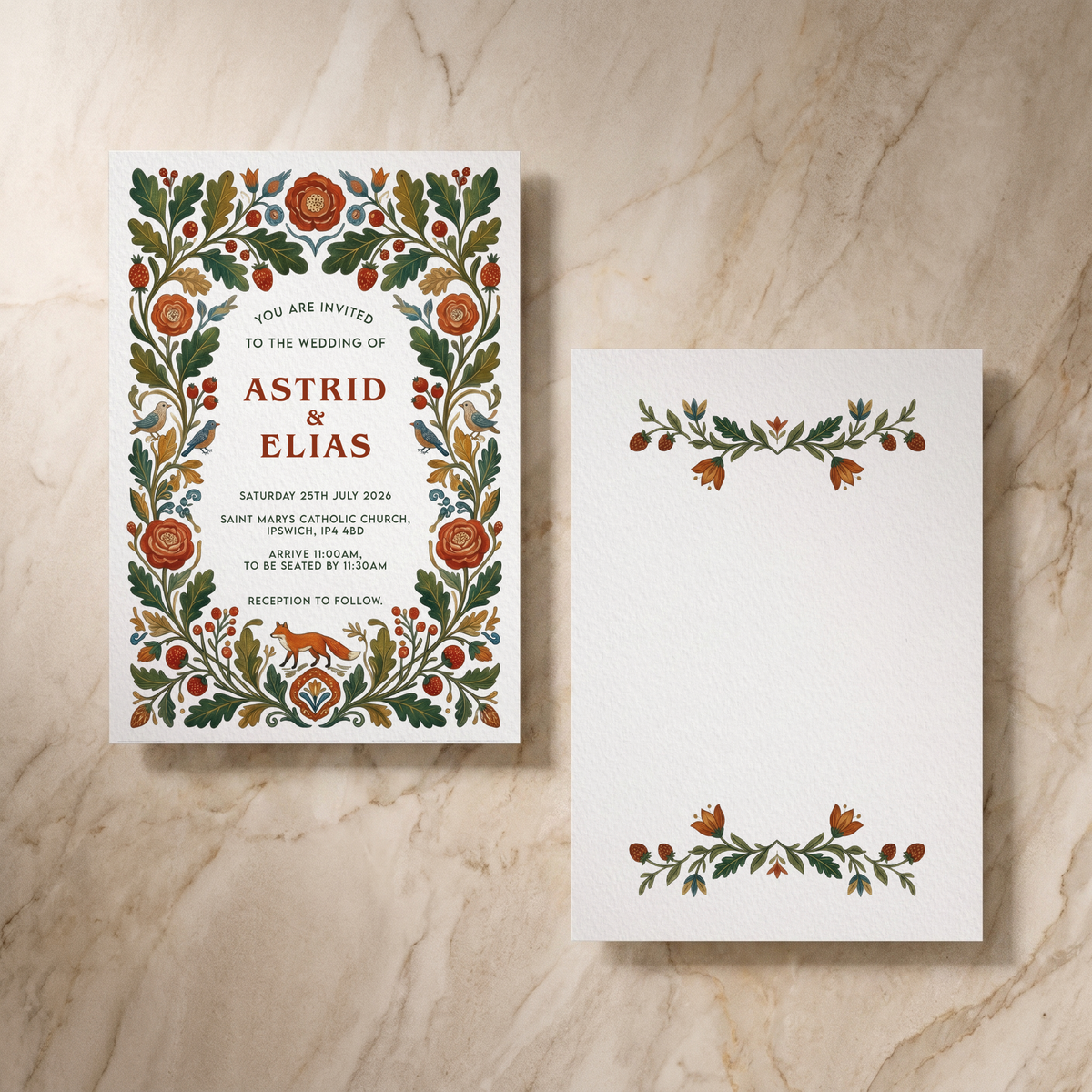 Botanical Folk wedding invitation, front and reverse, designed and printed in Suffolk