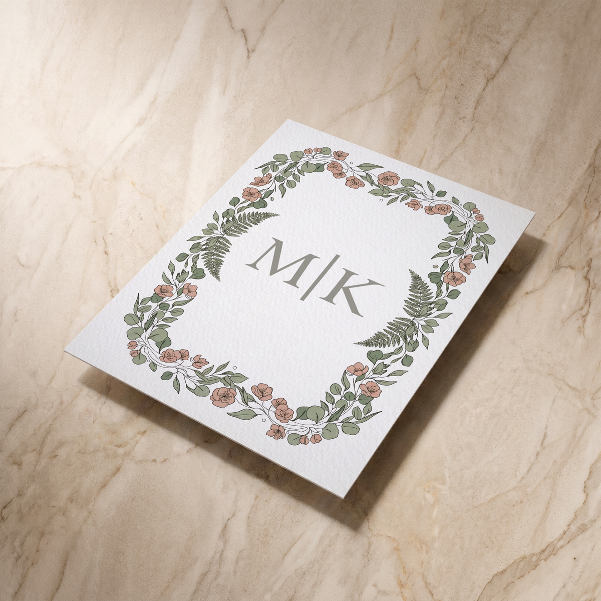 Country Garden wedding invitation, reverse shown at an angle, designed and printed in Suffolk