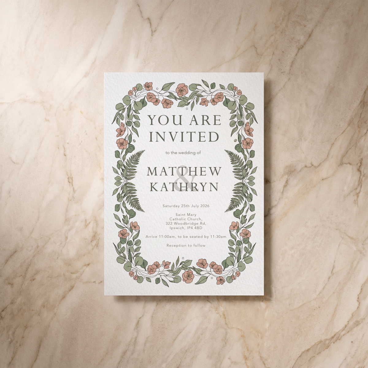 Country Garden wedding invitation, front design, designed and printed in Suffolk
