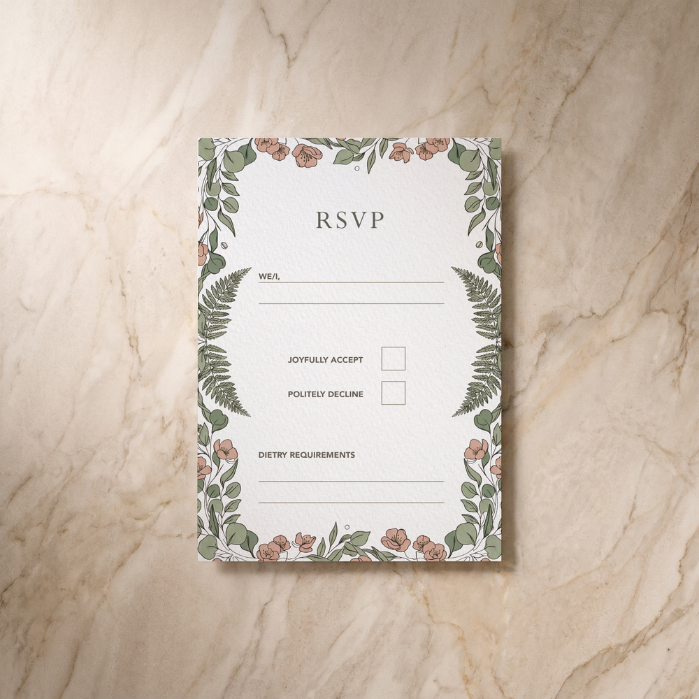 Country Garden RSVP card, front design, designed and printed in Suffolk