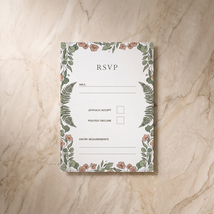 Country Garden RSVP card, front design, designed and printed in Suffolk