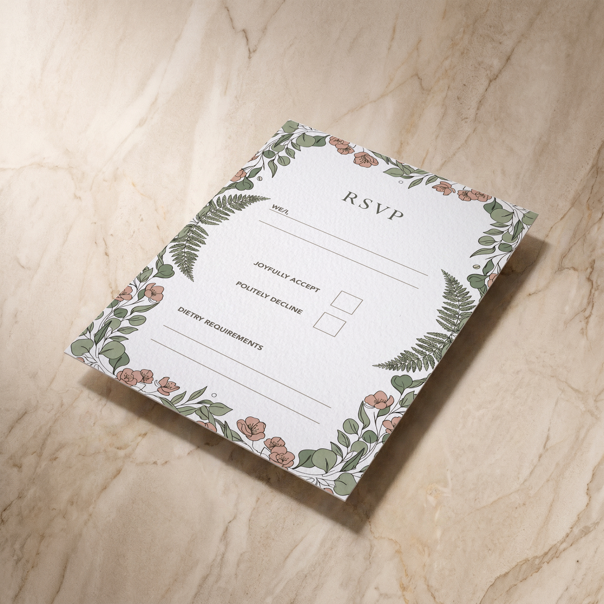 Country Garden RSVP card, shown at an angle, designed and printed in Suffolk