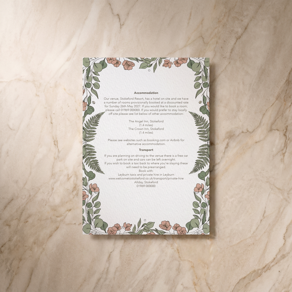 Country Garden wedding details card, reverse design, designed and printed in Suffolk