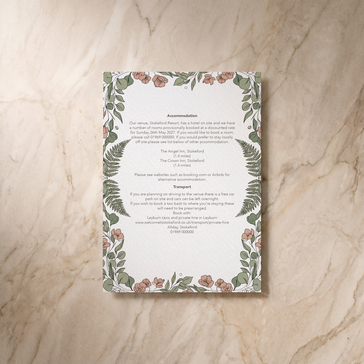 Country Garden wedding details card, reverse design, designed and printed in Suffolk