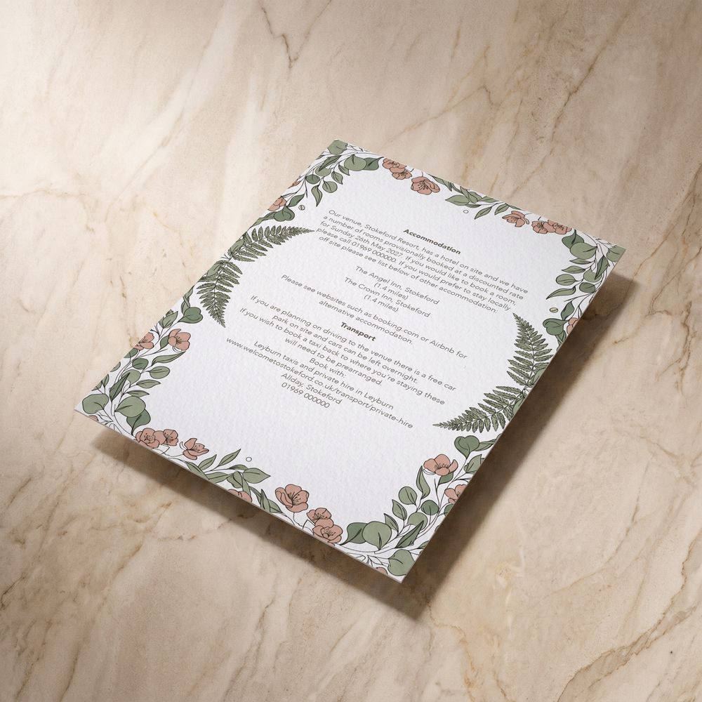 Country Garden wedding details card, reverse shown at an angle, designed and printed in Suffolk