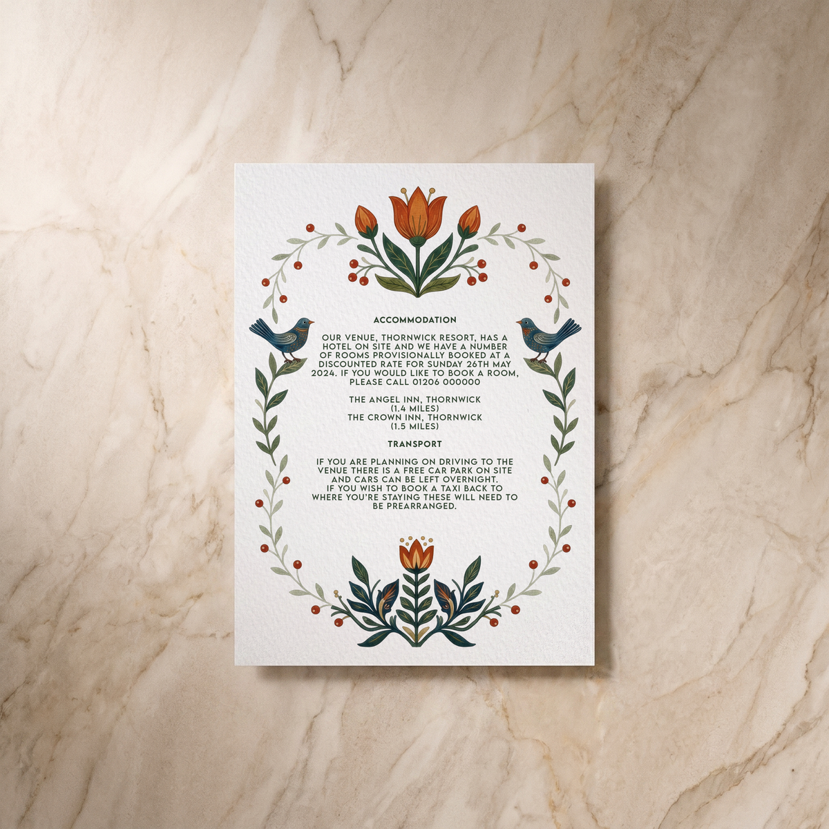 Botanical Folk wedding details card, reverse design, designed and printed in Suffolk