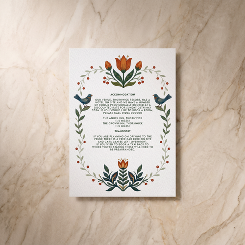 Botanical Folk wedding details card, reverse design, designed and printed in Suffolk